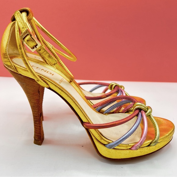 FENDI Vintage Open Toe Multi Colored Metallic Heels - Picture 2 of 13